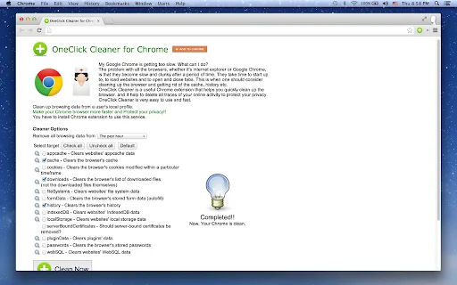 OneClick Cleaner สำหรับ Chrome – ล้างแคชและประวัติเพื่อความเร็วสูงสุด - Screenshot 1