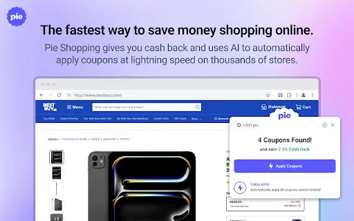 ดาวน์โหลด Pie Shopping ล่าสุด – รับเงินคืนและคูปองส่วนลดอัตโนมัติฟรี - Screenshot 1